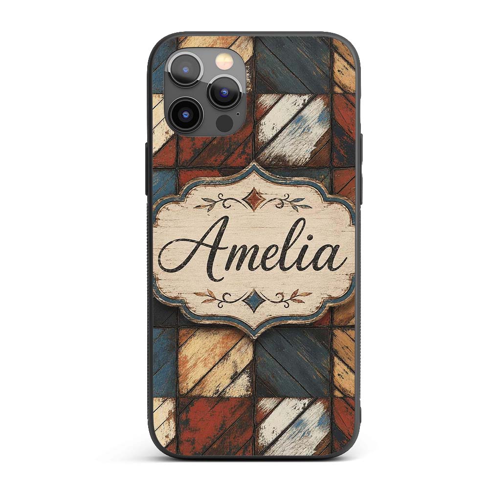 Rustic Multicolor Wood Tile Geometric Patchwork Custom Name Protective Phone Case Mobile Cover Durable Everyday Smartphone Shock Resistant