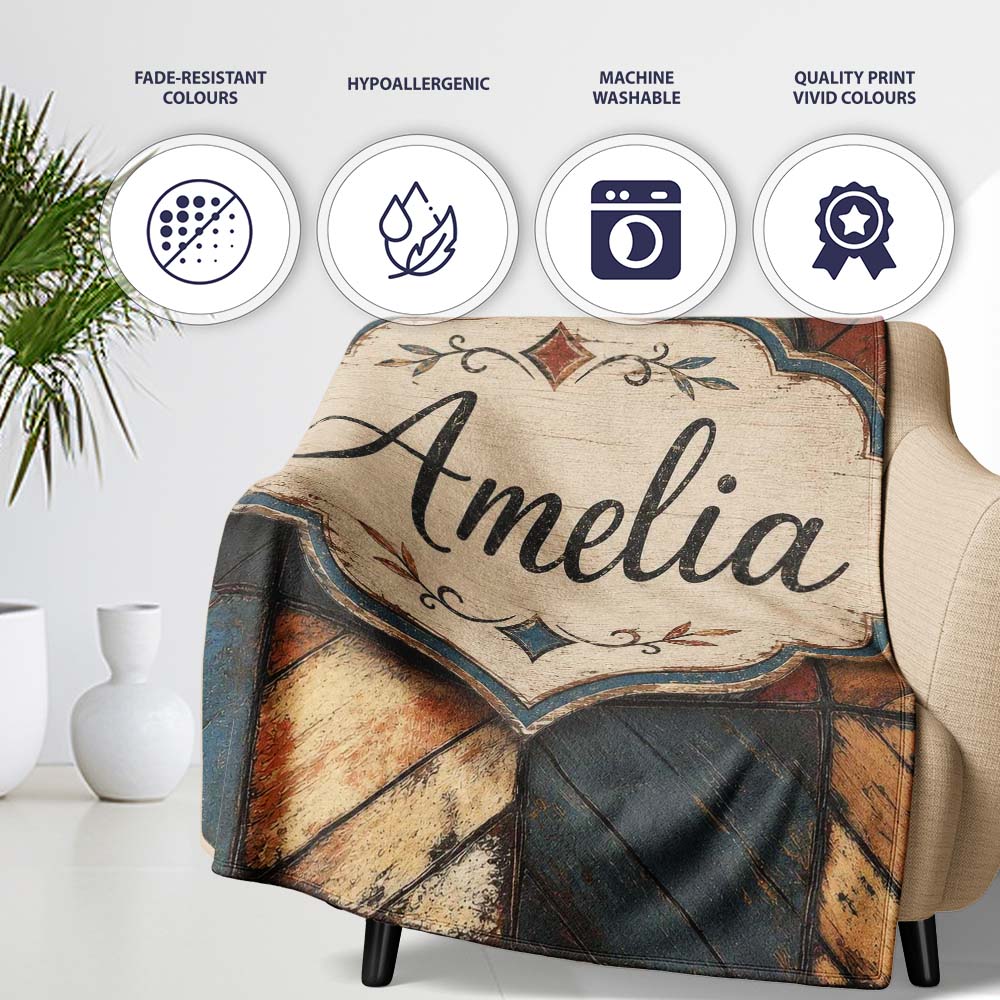 Rustic Multicolor Wood Tile Geometric Patchwork Seamless Pattern Personalised Custom Name Super Soft Fleece Blanket Bed Sofa Throw