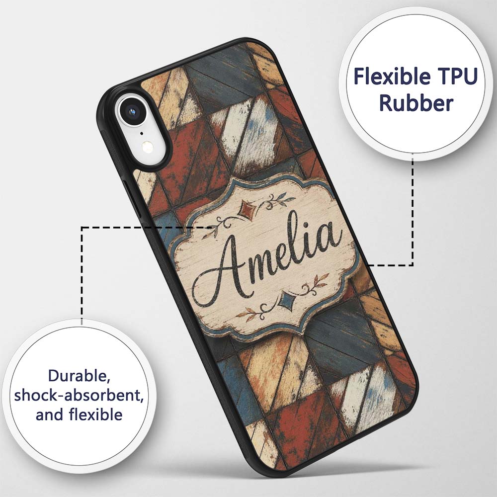 Rustic Multicolor Wood Tile Geometric Patchwork Custom Name Protective Phone Case Mobile Cover Durable Everyday Smartphone Shock Resistant