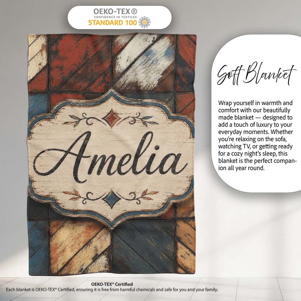 Rustic Multicolor Wood Tile Geometric Patchwork Seamless Pattern Personalised Custom Name Super Soft Fleece Blanket Bed Sofa Throw
