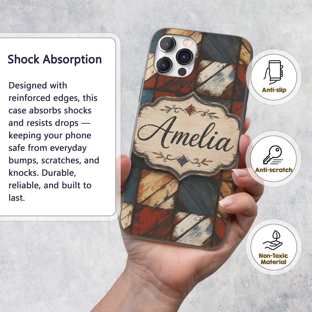 Rustic Multicolor Wood Tile Geometric Patchwork Custom Name Protective Phone Case Mobile Cover Durable Everyday Smartphone Shock Resistant