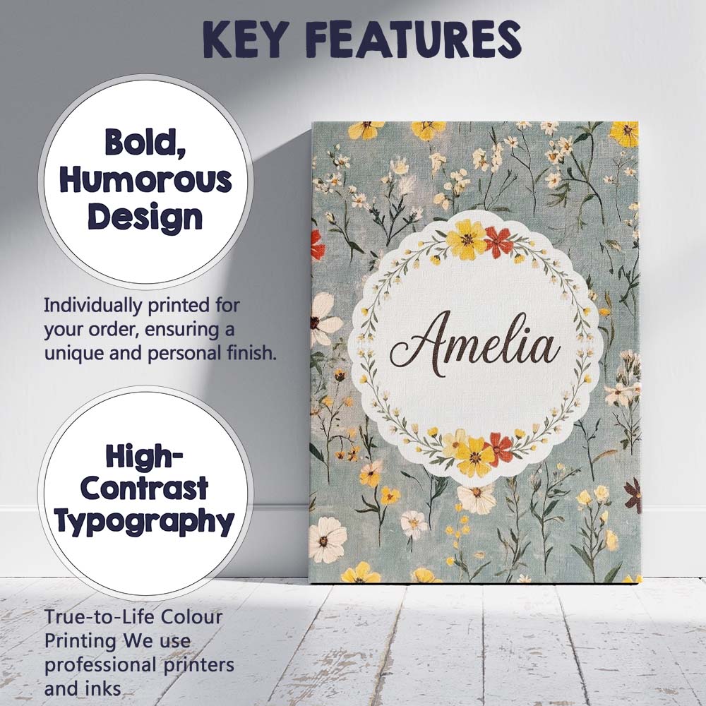 Personalised Name Delicate Wildflower Custom Modern Room Accent Creative Decorator Style Canvas Wall Art Print Decor Picture Ready to Hang