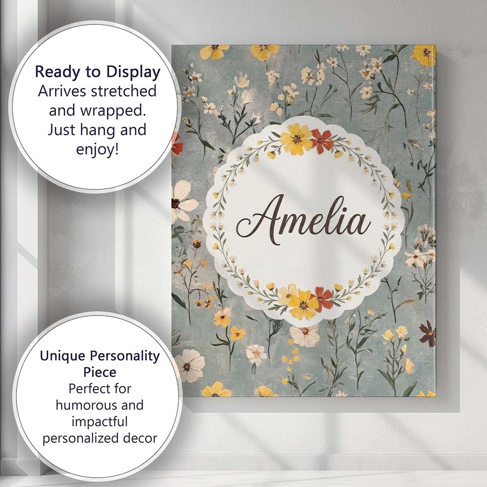 Personalised Name Delicate Wildflower Custom Modern Room Accent Creative Decorator Style Canvas Wall Art Print Decor Picture Ready to Hang