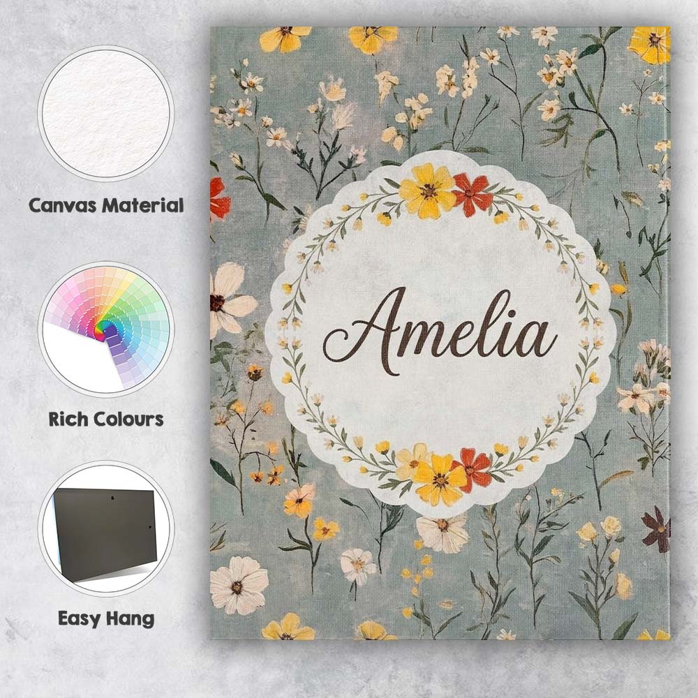 Personalised Name Delicate Wildflower Custom Modern Room Accent Creative Decorator Style Canvas Wall Art Print Decor Picture Ready to Hang