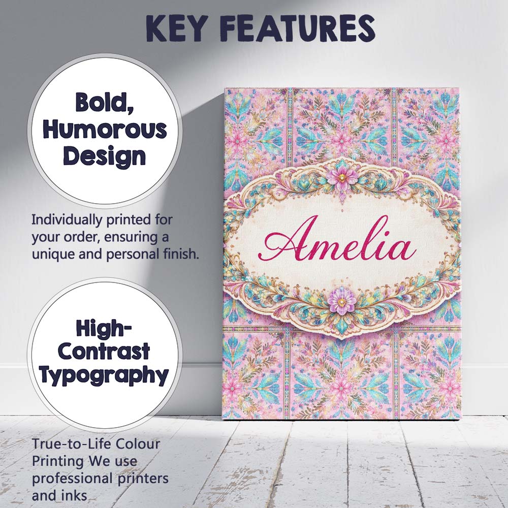 Personalised Name Pastel Pink Teal Folk Floral Tile Pattern Custom Elegant Feature Canvas Wall Art Print Decor Picture Ready to Hang