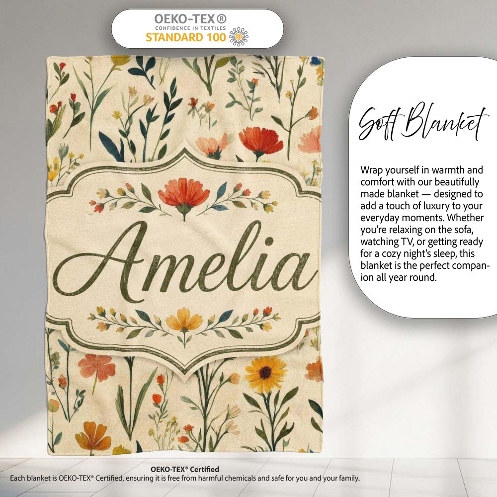 Elegant Vintage Floral Sprigs on Neutral Background Seamless Pattern Personalised Custom Name Super Soft Fleece Blanket Bed Sofa Throw