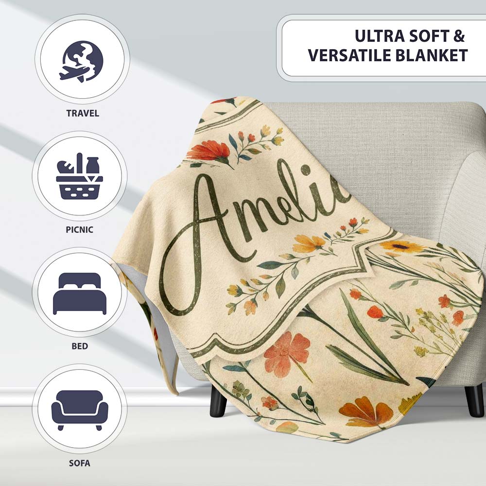 Elegant Vintage Floral Sprigs on Neutral Background Seamless Pattern Personalised Custom Name Super Soft Fleece Blanket Bed Sofa Throw