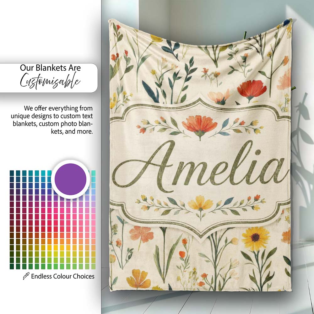 Elegant Vintage Floral Sprigs on Neutral Background Seamless Pattern Personalised Custom Name Super Soft Fleece Blanket Bed Sofa Throw