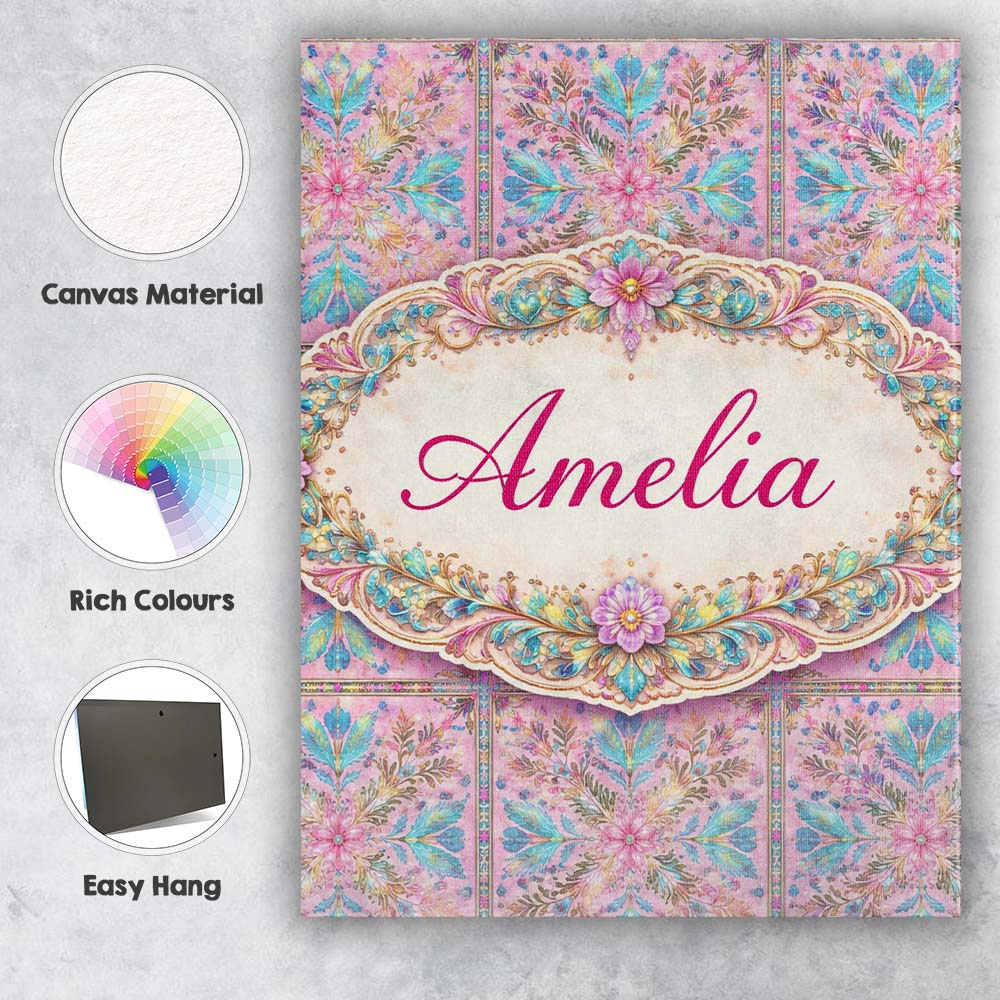 Personalised Name Pastel Pink Teal Folk Floral Tile Pattern Custom Elegant Feature Canvas Wall Art Print Decor Picture Ready to Hang
