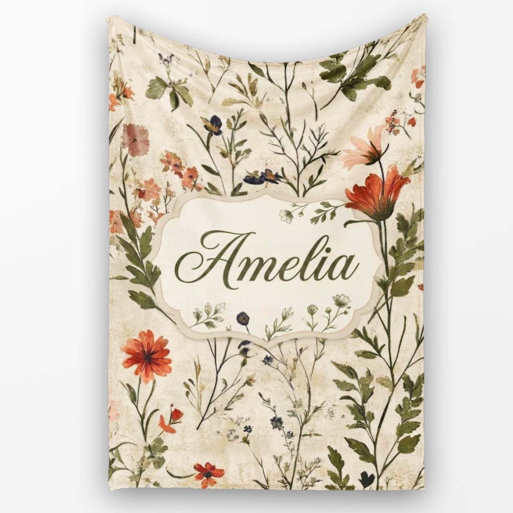 Colorful Wildflower Meadow Botanical Seamless Pattern Lovely Personalised Custom Name Super Soft Fleece Blanket Bed Sofa Throw