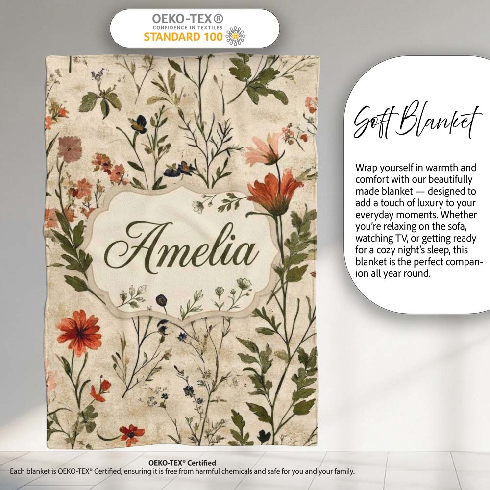Colorful Wildflower Meadow Botanical Seamless Pattern Lovely Personalised Custom Name Super Soft Fleece Blanket Bed Sofa Throw