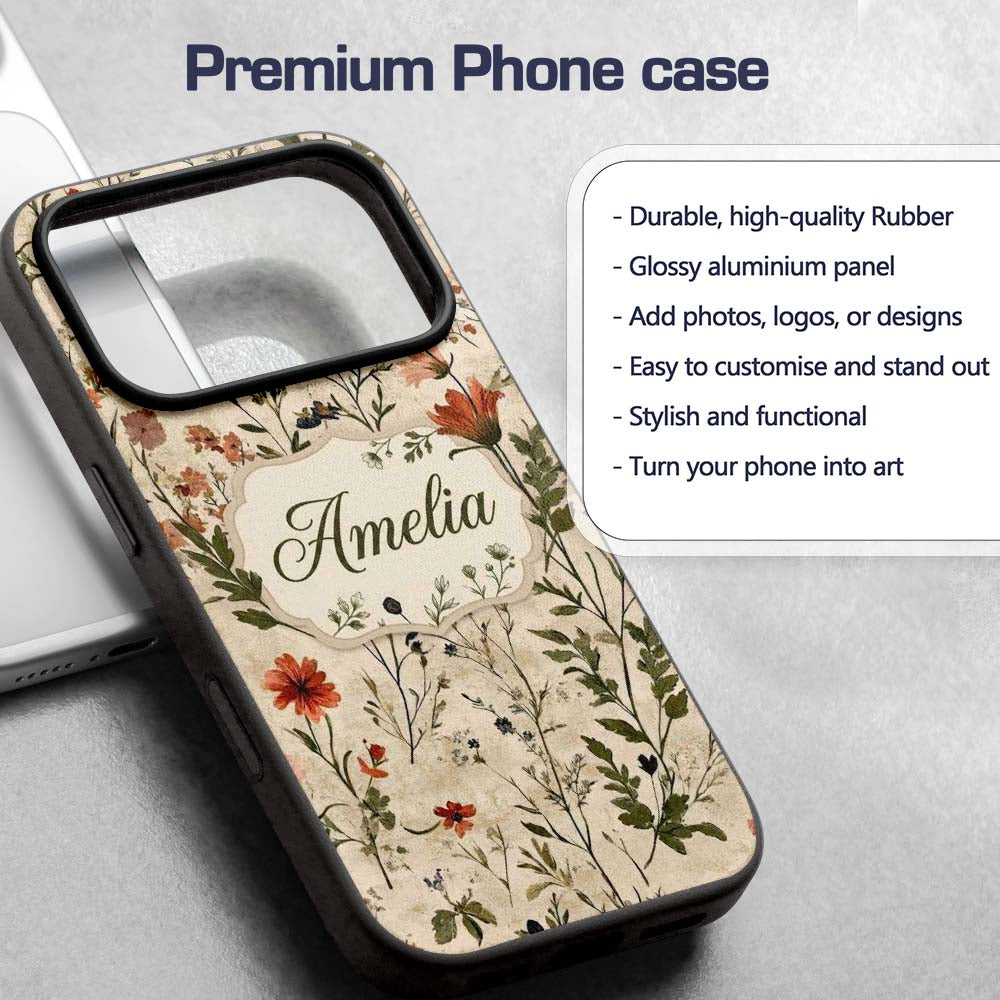 Colorful Wildflower Meadow Botanical Seamless Custom Name Protective Phone Case Mobile Cover Durable Everyday Smartphone Shock Resistant