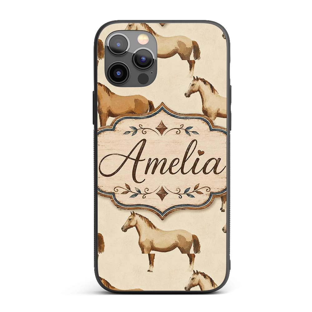 Rustic Brown Horse Farm Animal Seamless Pattern Custom Name Protective Phone Case Mobile Cover Durable Everyday Smartphone Shock Resistant