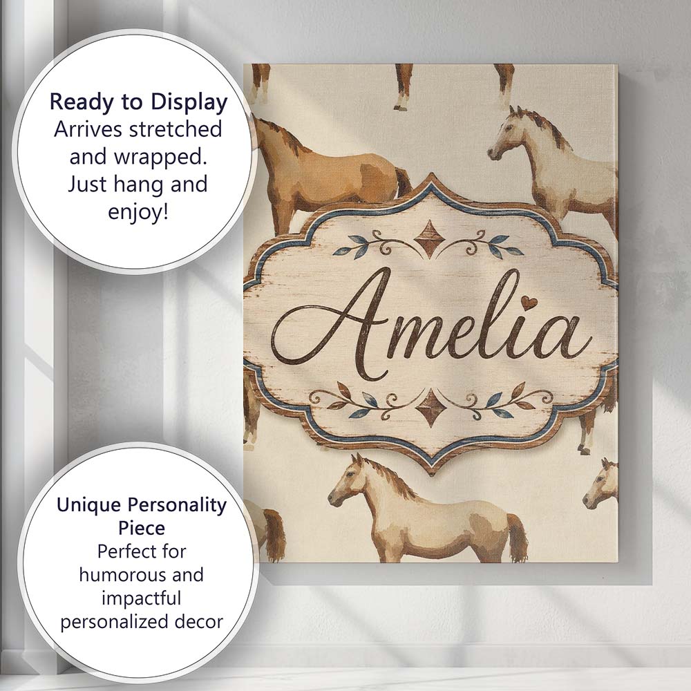 Personalised Name Rustic Brown Horse Farm Custom Unique Gift Idea Elegant Feature Canvas Wall Art Print Decor Picture Ready to Hang