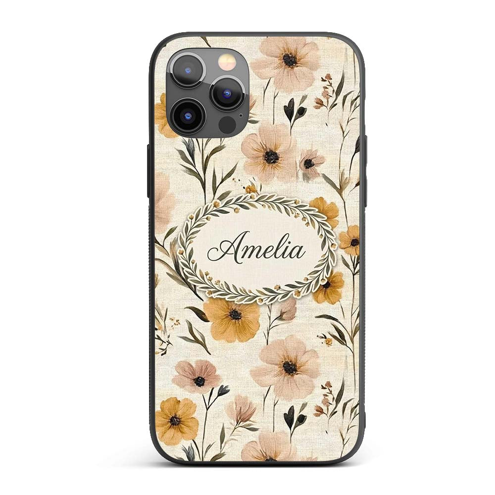 Neutral Linen Style Floral Botanical Seamless Custom Name Protective Phone Case Mobile Cover Durable Everyday Smartphone Shock Resistant