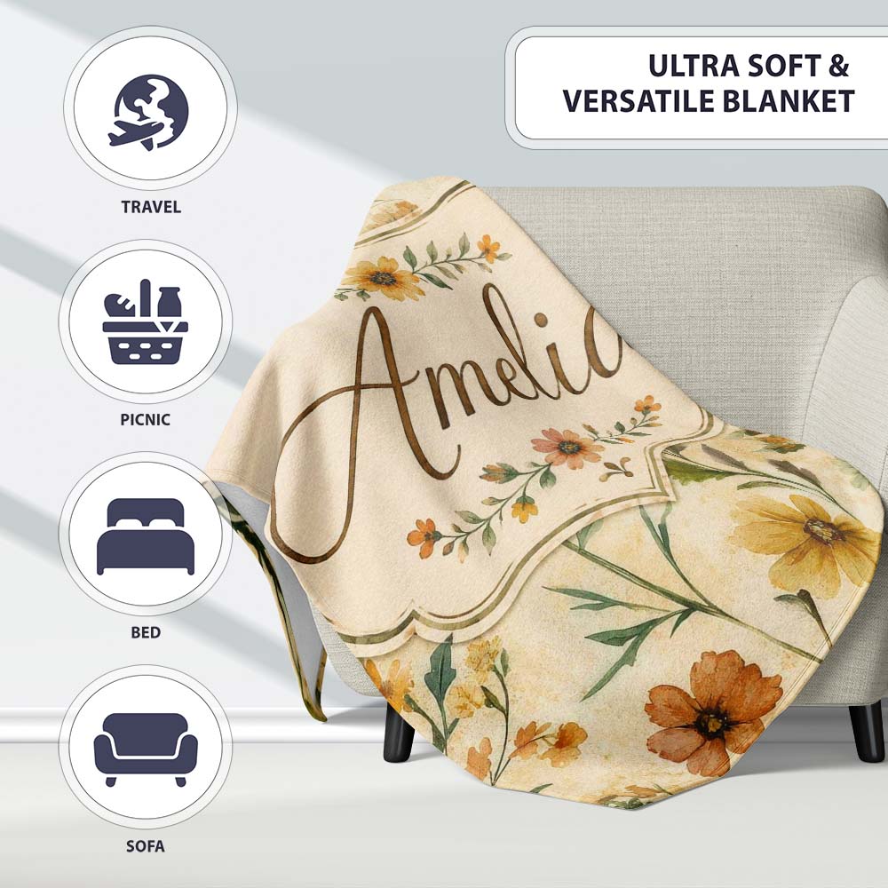 Soft Vintage Wildflower Botanical on Warm Neutral Background Lovely Personalised Custom Name Super Soft Fleece Blanket Bed Sofa Throw