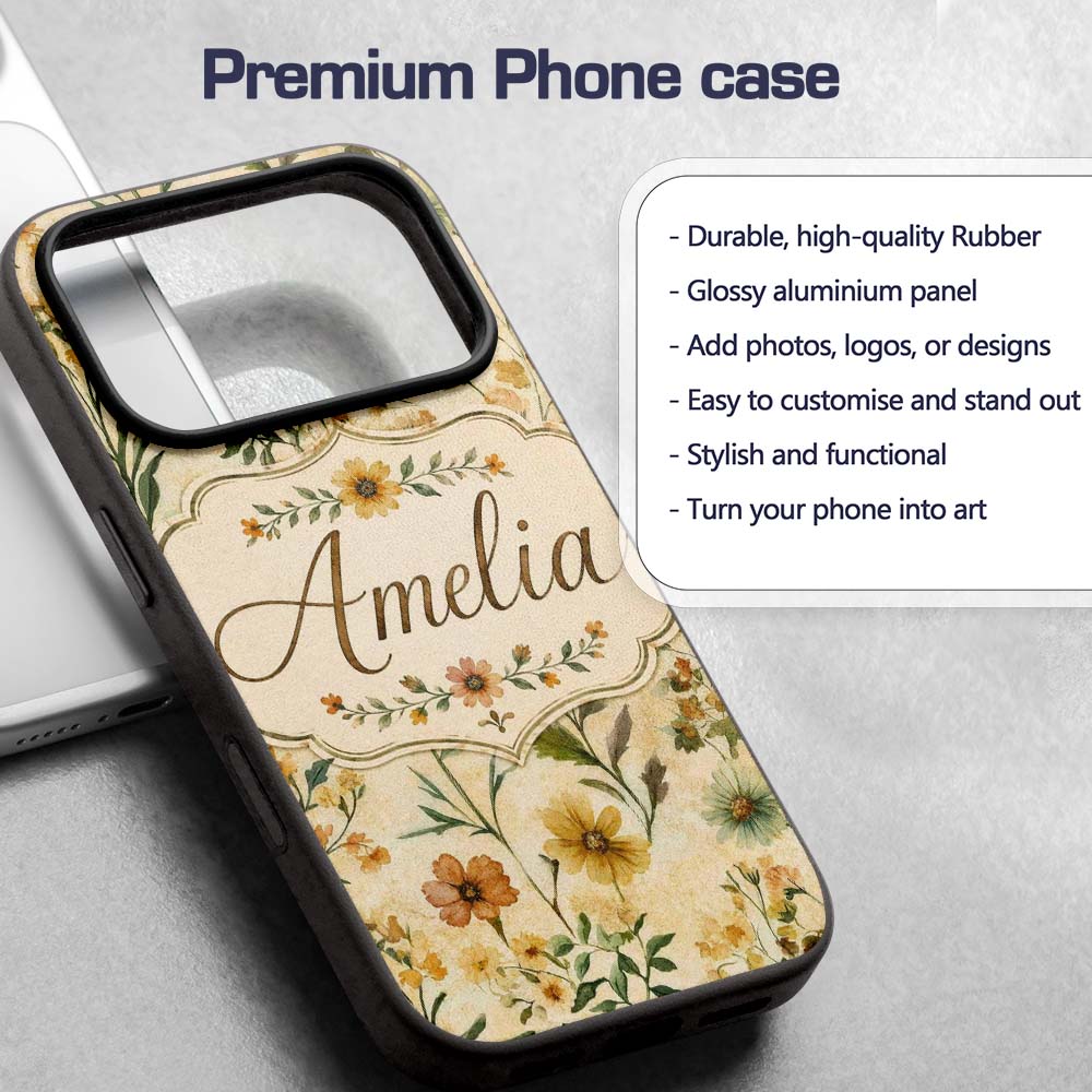 Soft Vintage Wildflower Botanical on Warm Neutral Custom Name Protective Phone Case Mobile Cover Durable Everyday Smartphone Shock Resistant