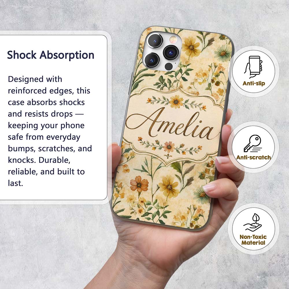 Soft Vintage Wildflower Botanical on Warm Neutral Custom Name Protective Phone Case Mobile Cover Durable Everyday Smartphone Shock Resistant
