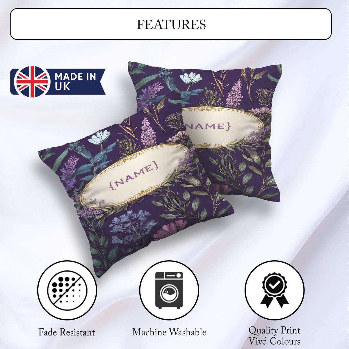 Custom Name Elegant Tropical Floral Leaves Blue Seamless Pattern Square Filled Cushion Throw Pillow Sofa Bed Home Decor Zip Washable UK Made