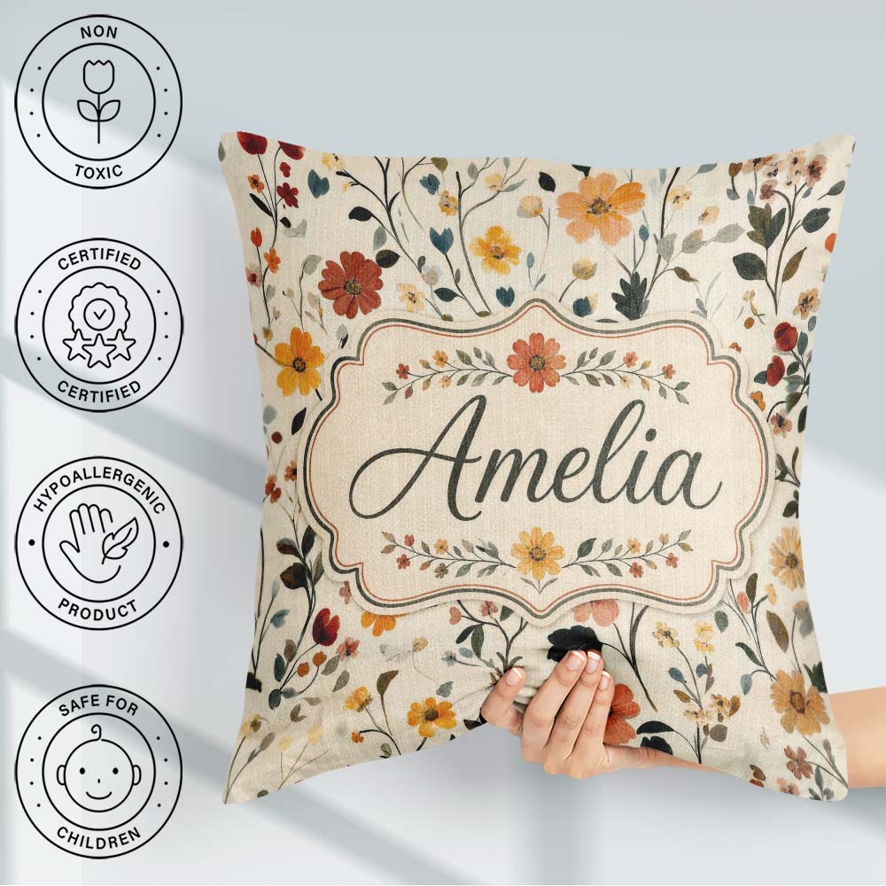 Custom Name Delicate Autumn Floral Botanical with Leaves Pattern Square Filled Cushion Throw Pillow Sofa Bed Home Decor Zip Washable UK Made