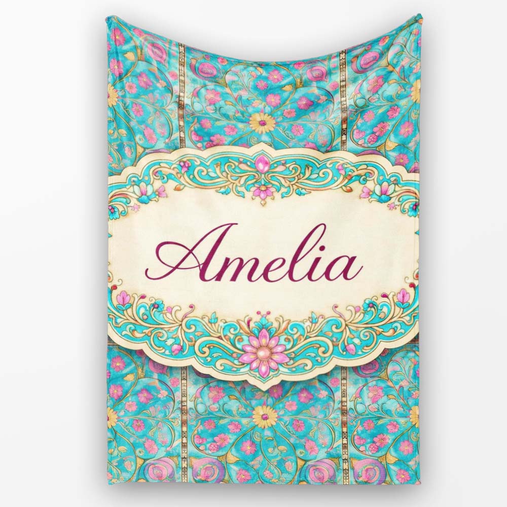 Turquoise Pink Vintage Floral Tile Pattern Ornamental Design Lovely Personalised Custom Name Super Soft Fleece Blanket Bed Sofa Throw