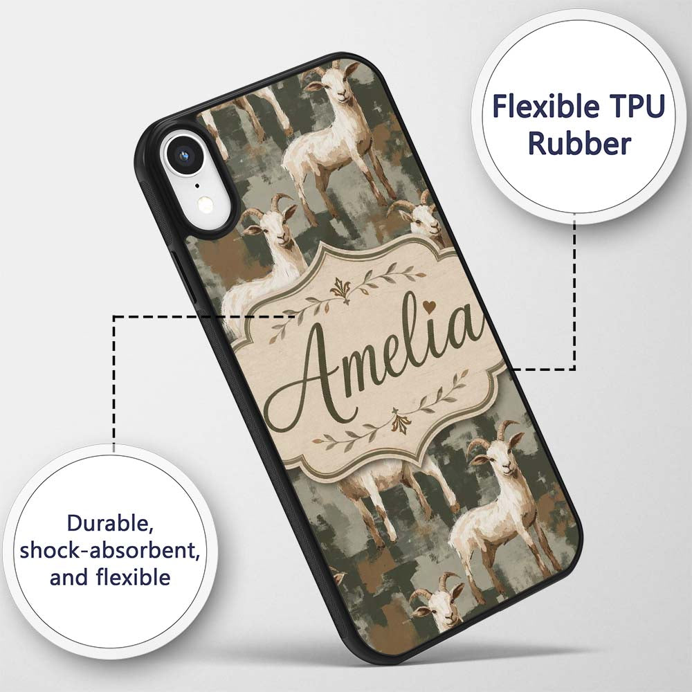 Rustic Farm Goat Animal Illustration Seamless Custom Name Protective Phone Case Mobile Cover Durable Everyday Smartphone Shock Resistant