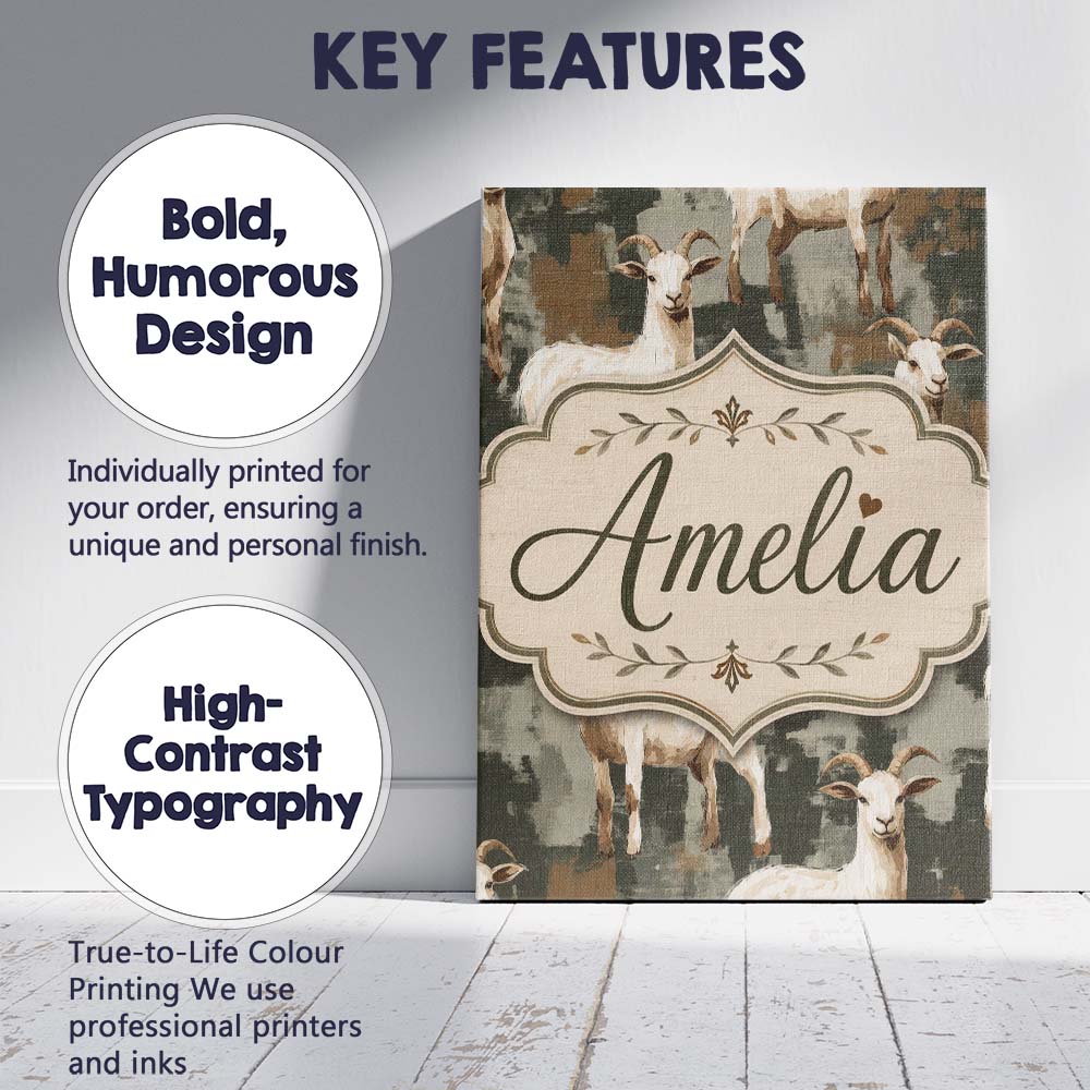 Personalised Name Rustic Farm Goat Animal Custom Unique Gift Idea Elegant Feature Canvas Wall Art Print Decor Picture Ready to Hang