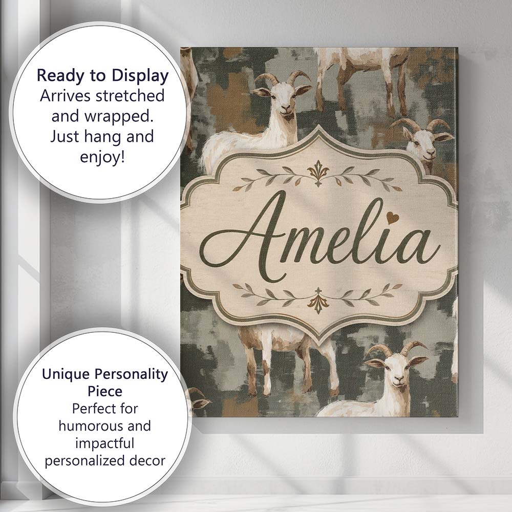 Personalised Name Rustic Farm Goat Animal Custom Unique Gift Idea Elegant Feature Canvas Wall Art Print Decor Picture Ready to Hang