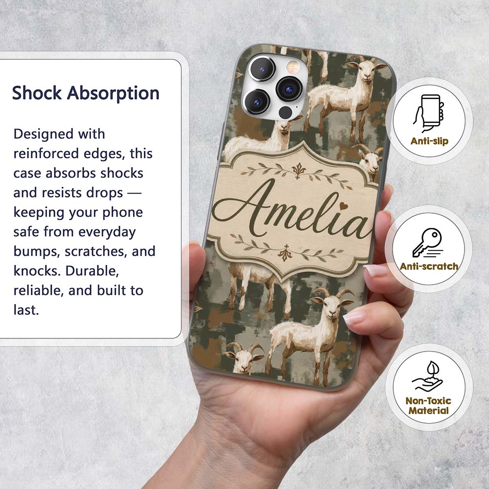 Rustic Farm Goat Animal Illustration Seamless Custom Name Protective Phone Case Mobile Cover Durable Everyday Smartphone Shock Resistant
