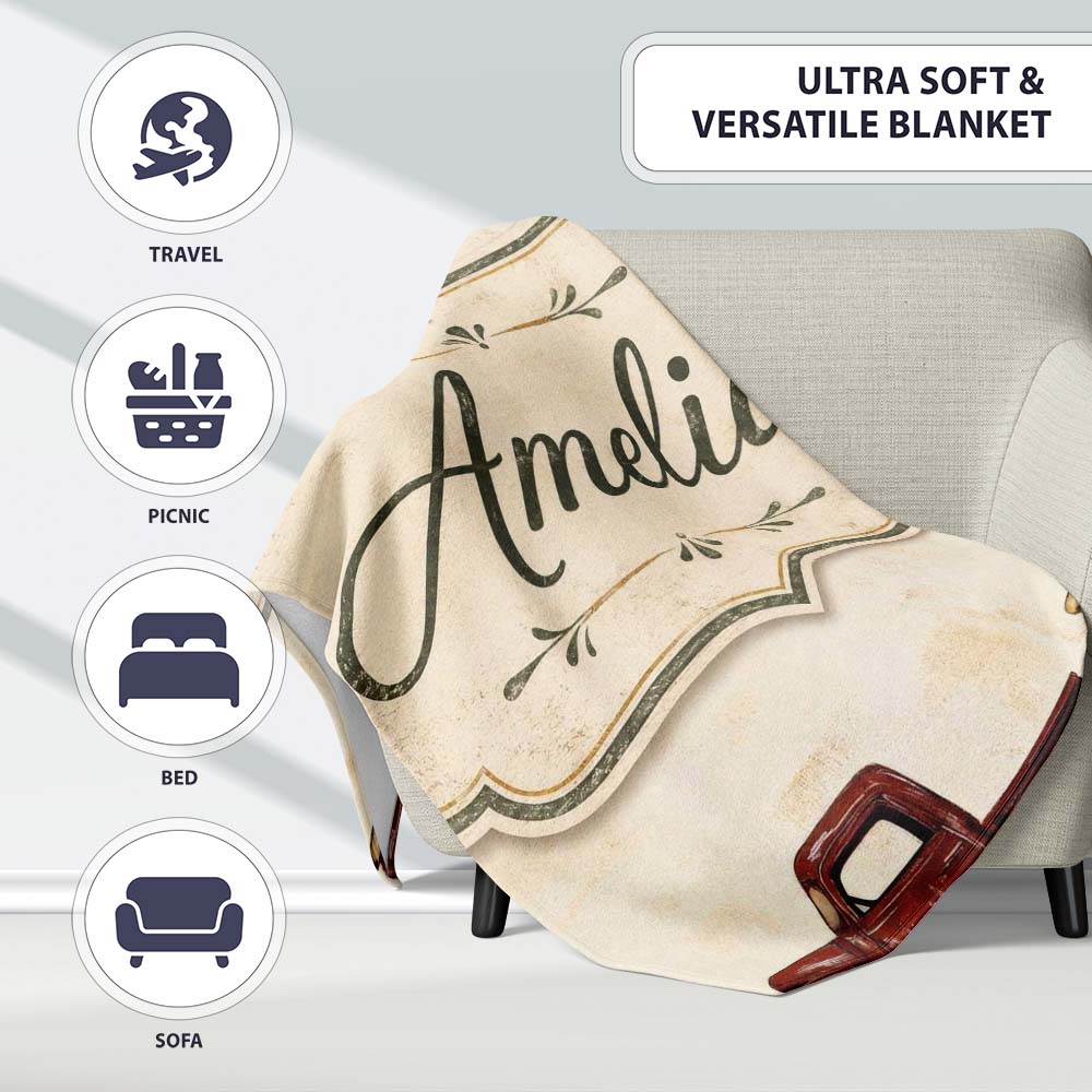 Vintage Classic Pickup Truck Transport Seamless Pattern Lovely Personalised Custom Name Super Soft Fleece Blanket Bed Sofa Throw