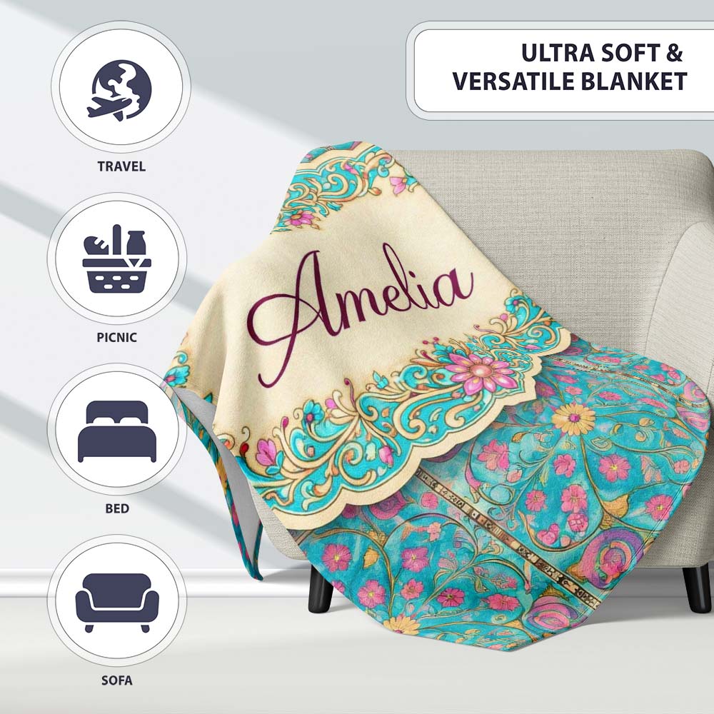 Turquoise Pink Vintage Floral Tile Pattern Ornamental Design Lovely Personalised Custom Name Super Soft Fleece Blanket Bed Sofa Throw