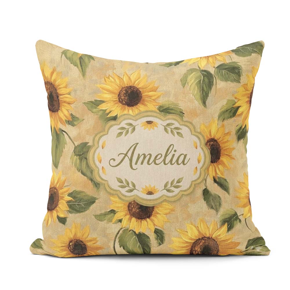 Custom Name Golden Sunflower Floral Rustic Garden Pattern Lovely Square Filled Cushion Throw Pillow Sofa Bed Home Decor Zip Washable UK Made