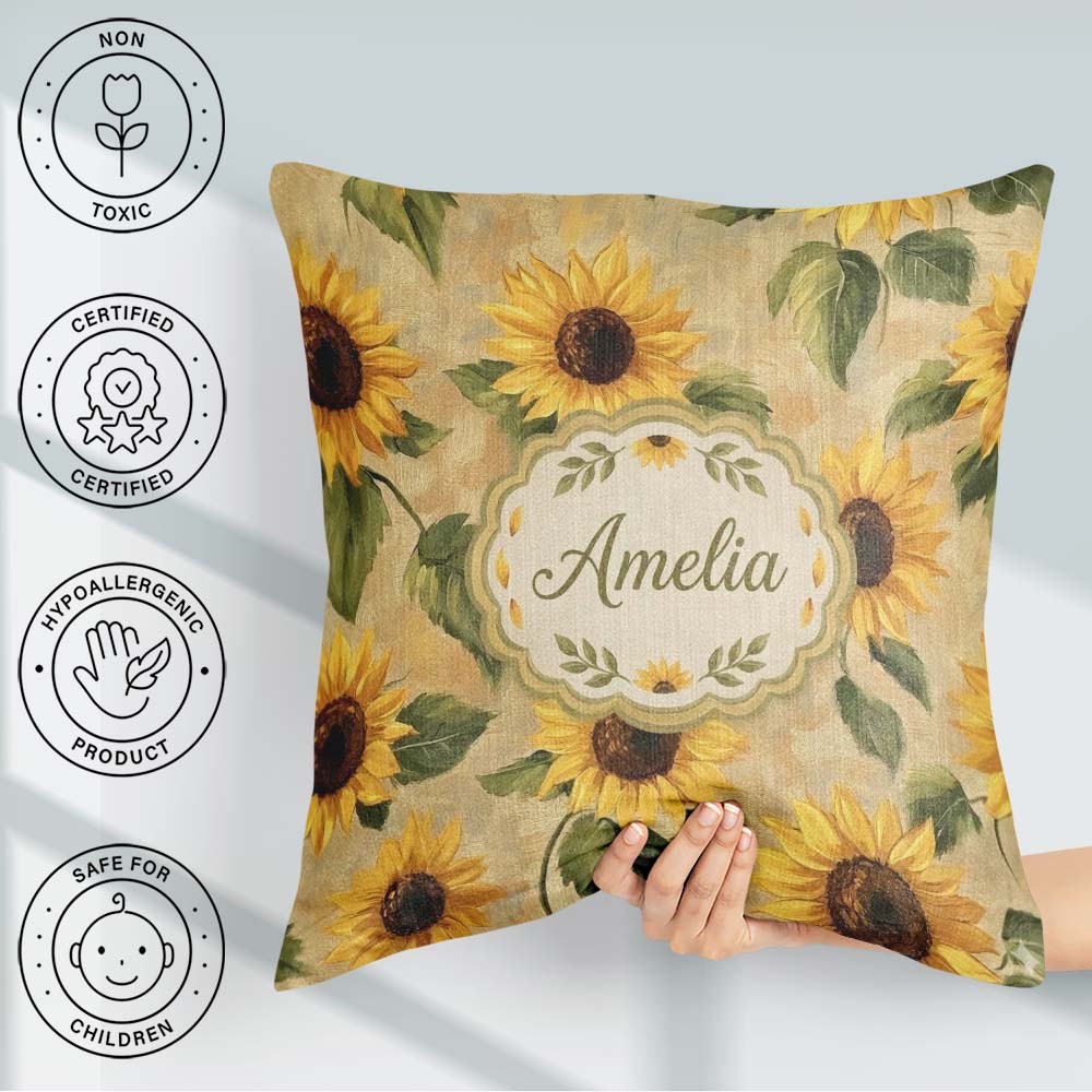 Custom Name Golden Sunflower Floral Rustic Garden Pattern Lovely Square Filled Cushion Throw Pillow Sofa Bed Home Decor Zip Washable UK Made