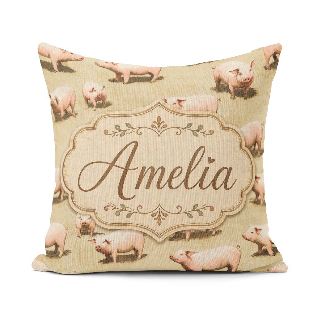 Custom Name Cute Farm Pig Animal Illustration Seamless Pattern Square Filled Cushion Throw Pillow Sofa Bed Home Decor Zip Washable UK Made