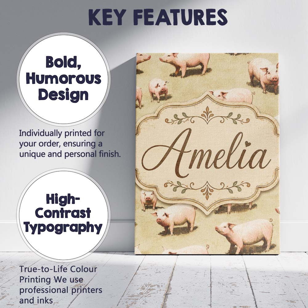 Personalised Name Cute Farm Pig Animal Custom Modern Room Accent Elegant Feature Canvas Wall Art Print Decor Picture Ready to Hang