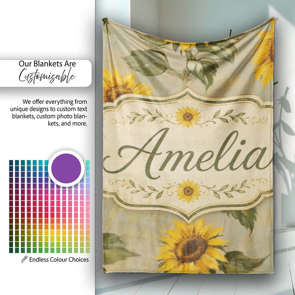 Vintage Sunflower Botanical Rustic Field Seamless Pattern Lovely Personalised Custom Name Super Soft Fleece Blanket Bed Sofa Throw