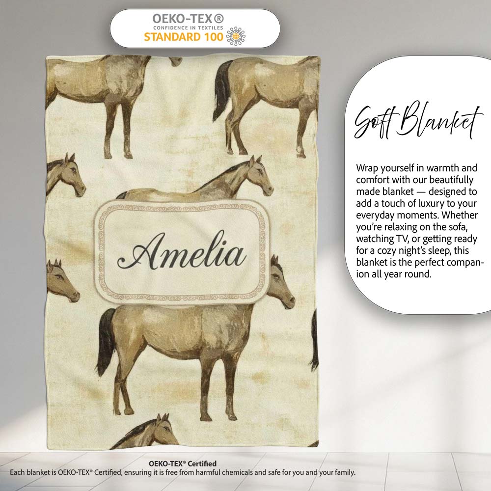 Vintage Rustic Horse Illustration Farm Animal Seamless Pattern Personalised Custom Name Super Soft Fleece Blanket Bed Sofa Throw