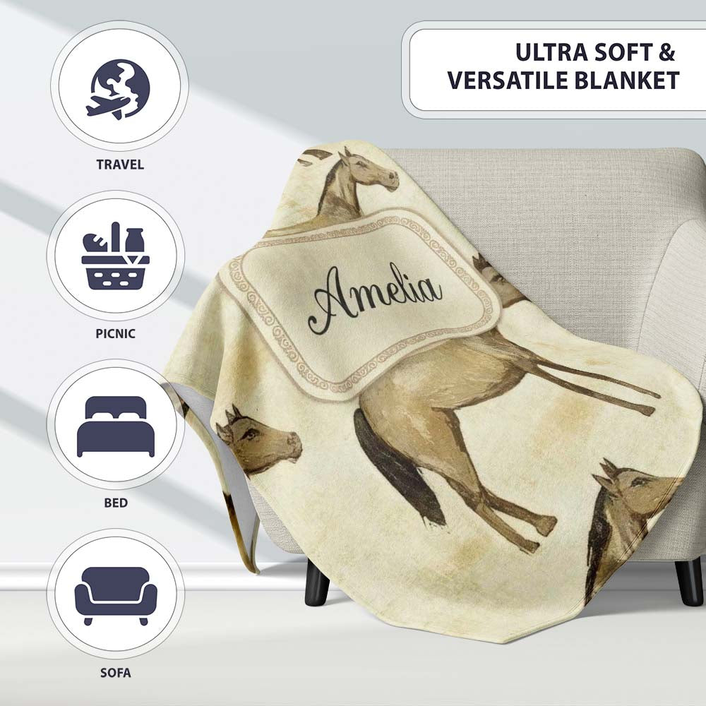 Vintage Rustic Horse Illustration Farm Animal Seamless Pattern Personalised Custom Name Super Soft Fleece Blanket Bed Sofa Throw
