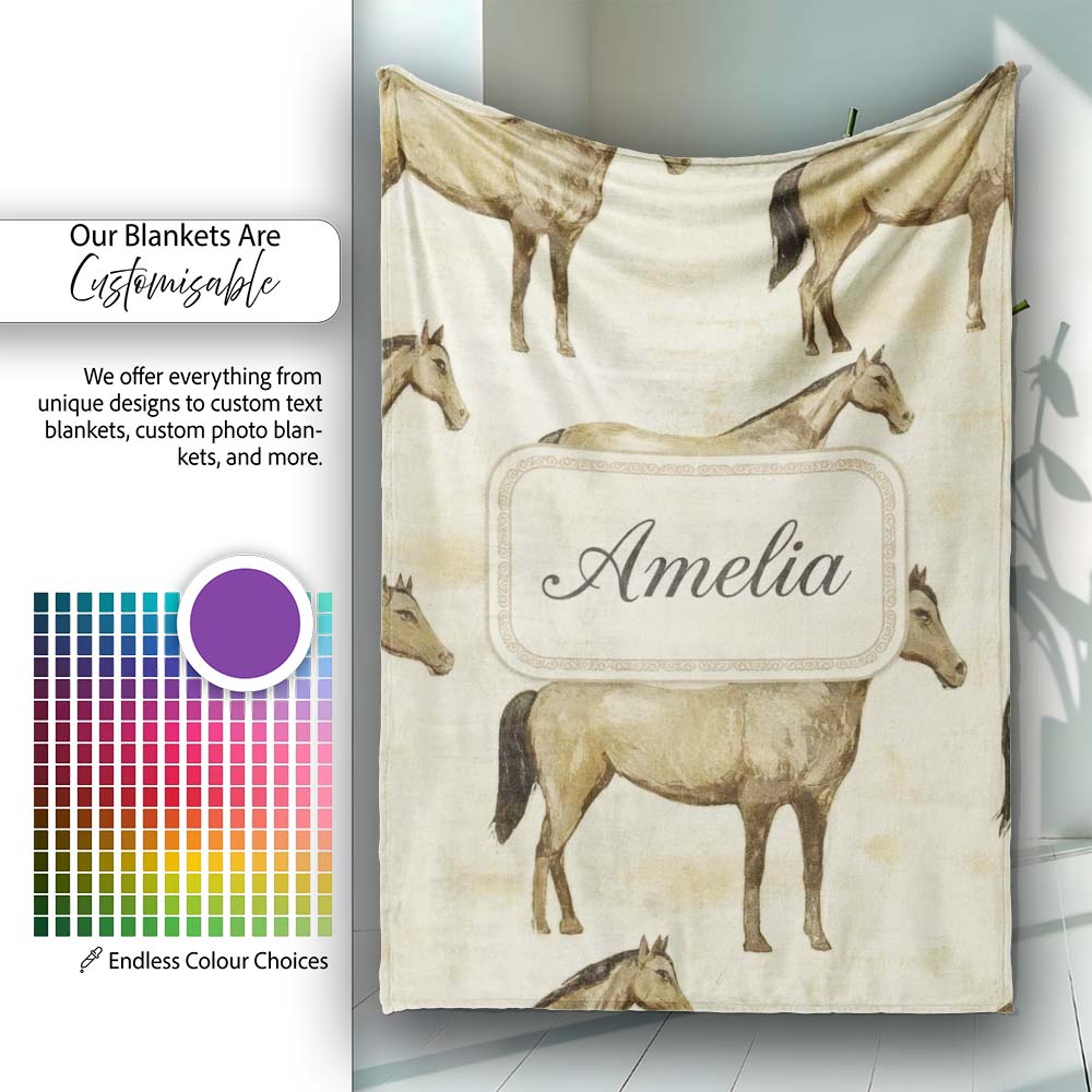 Vintage Rustic Horse Illustration Farm Animal Seamless Pattern Personalised Custom Name Super Soft Fleece Blanket Bed Sofa Throw