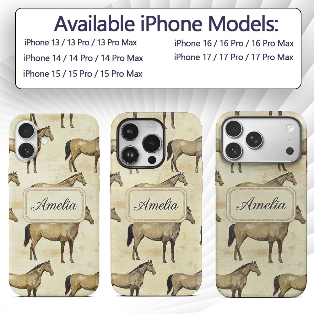 Vintage Rustic Horse Illustration Farm Animal Custom Name Protective Phone Case Mobile Cover Durable Everyday Smartphone Shock Resistant