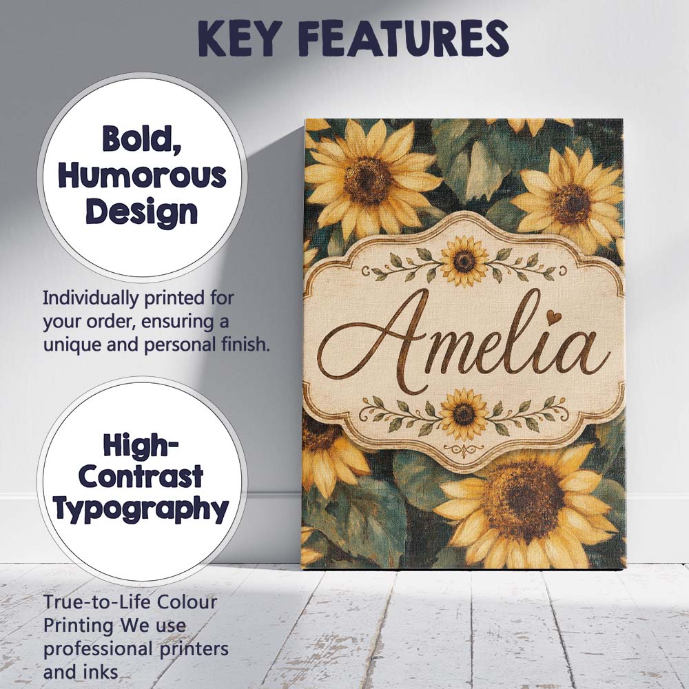 Personalised Name Rich Painterly Sunflower Custom Unique Gift Idea Elegant Feature Canvas Wall Art Print Decor Picture Ready to Hang