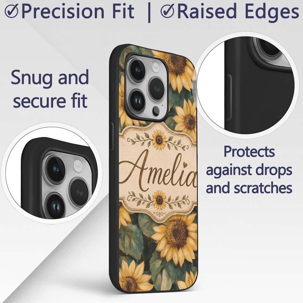 Rich Painterly Sunflower Floral Dark Background Custom Name Protective Phone Case Mobile Cover Durable Everyday Smartphone Shock Resistant