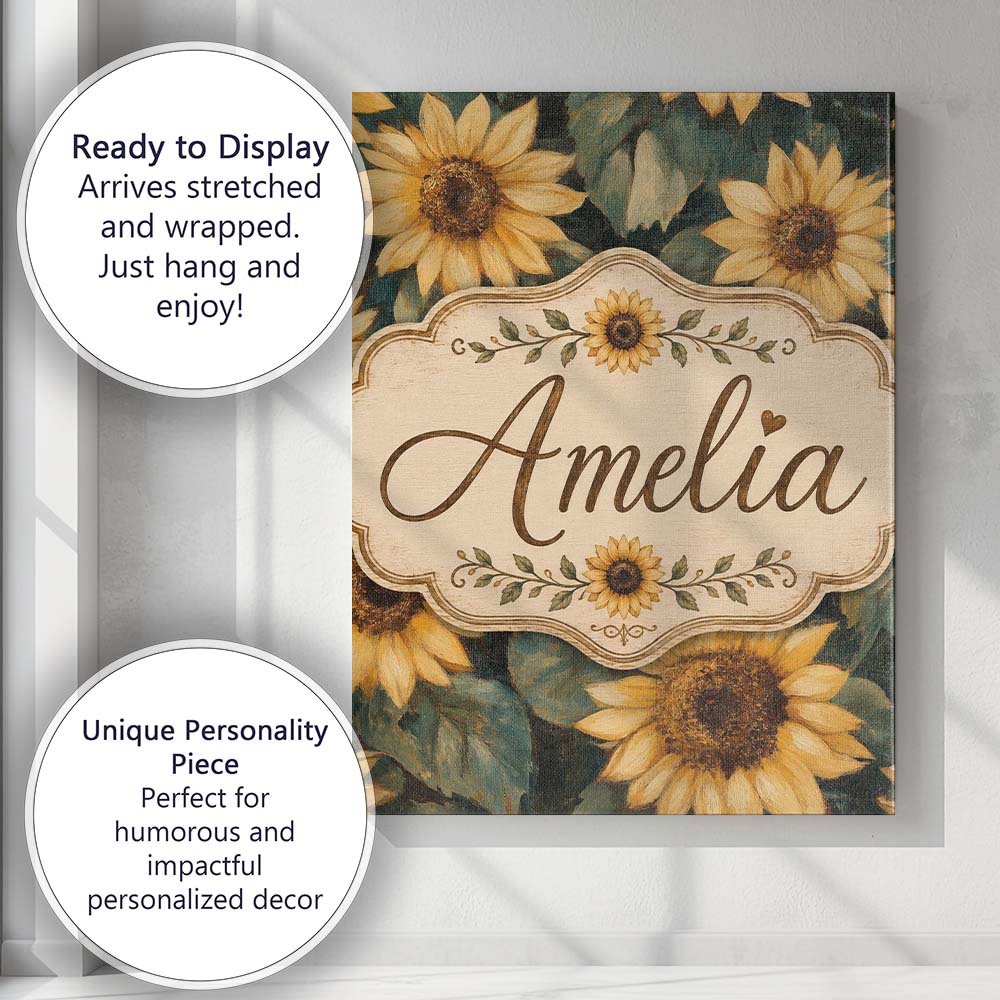 Personalised Name Rich Painterly Sunflower Custom Unique Gift Idea Elegant Feature Canvas Wall Art Print Decor Picture Ready to Hang