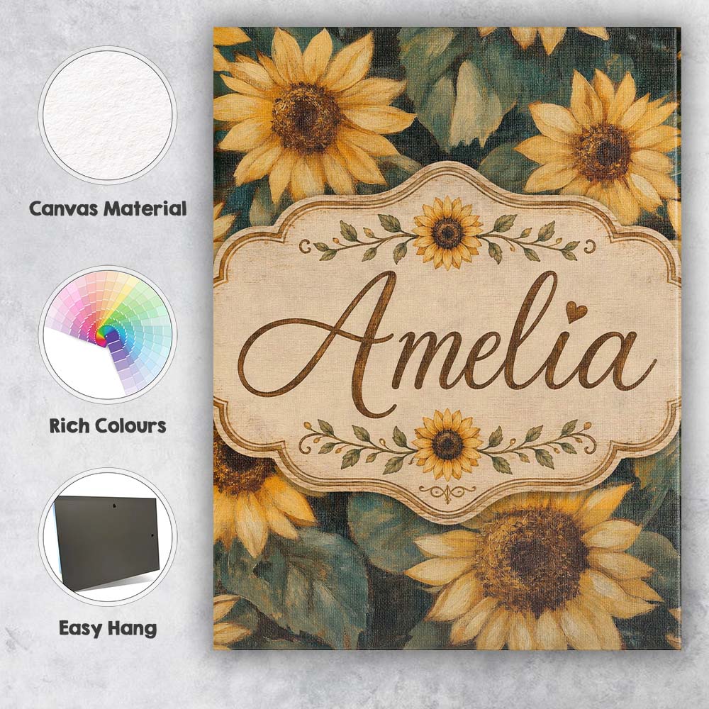 Personalised Name Rich Painterly Sunflower Custom Unique Gift Idea Elegant Feature Canvas Wall Art Print Decor Picture Ready to Hang