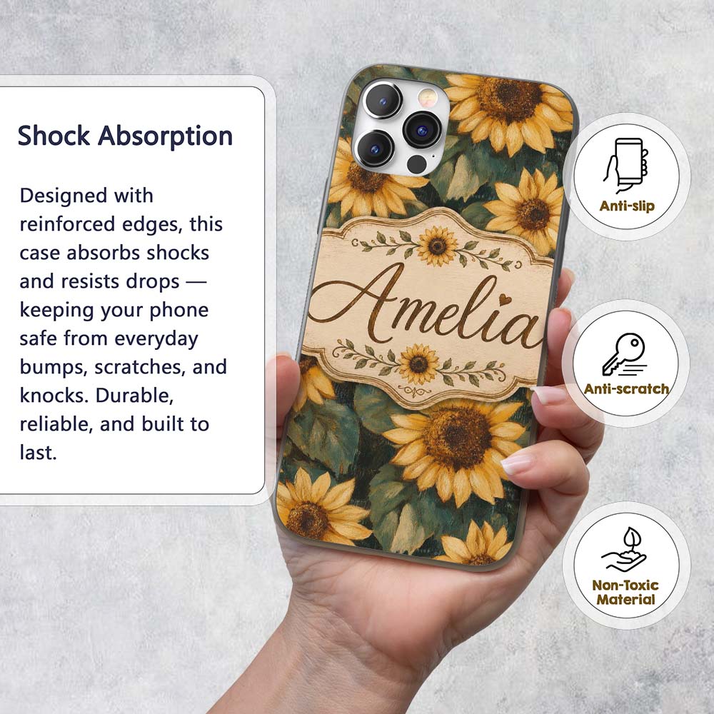 Rich Painterly Sunflower Floral Dark Background Custom Name Protective Phone Case Mobile Cover Durable Everyday Smartphone Shock Resistant