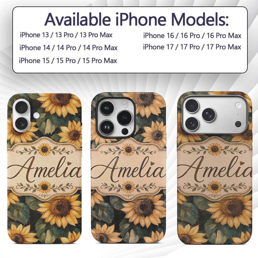 Rich Painterly Sunflower Floral Dark Background Custom Name Protective Phone Case Mobile Cover Durable Everyday Smartphone Shock Resistant