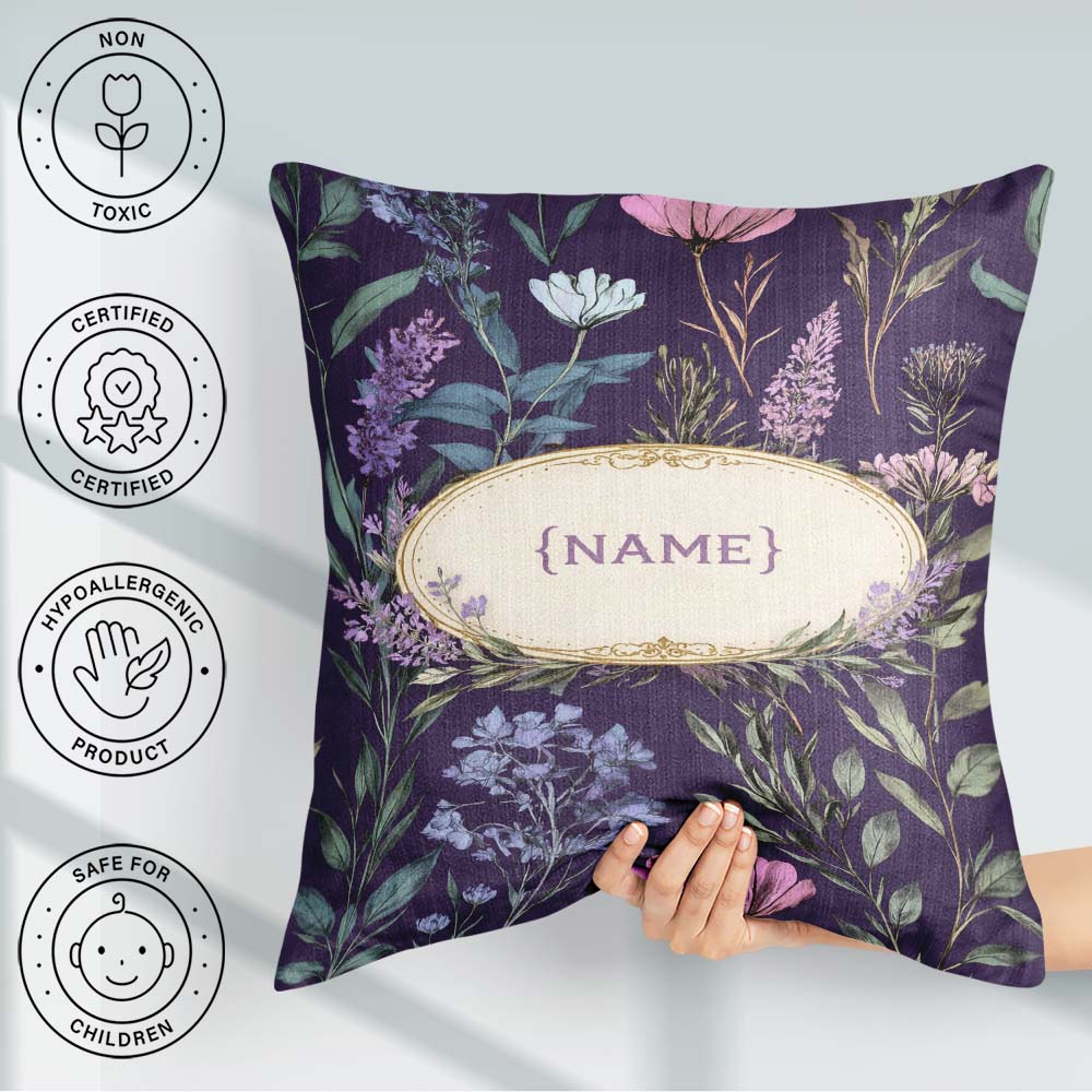 Custom Name Elegant Tropical Floral Leaves Blue Seamless Pattern Square Filled Cushion Throw Pillow Sofa Bed Home Decor Zip Washable UK Made