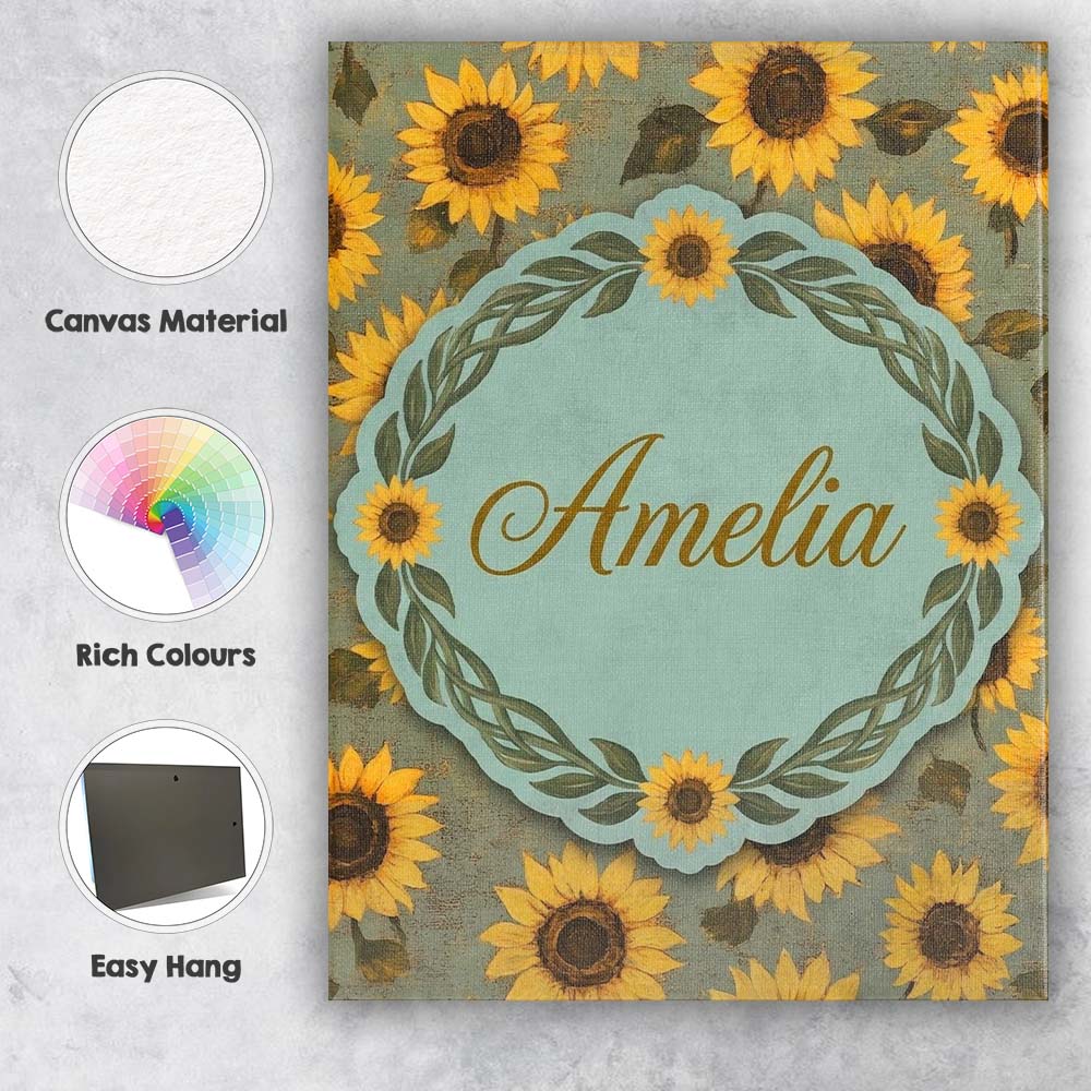 Personalised Name Golden Sunflower Floral Custom Unique Gift Idea Elegant Feature Canvas Wall Art Print Decor Picture Ready to Hang
