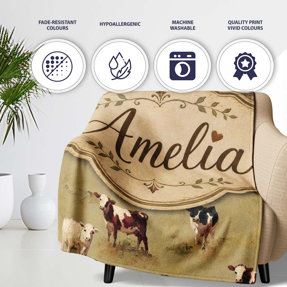 Farm Cow Cattle Pasture Illustration Seamless Pattern Lovely Personalised Custom Name Super Soft Fleece Blanket Bed Sofa Throw