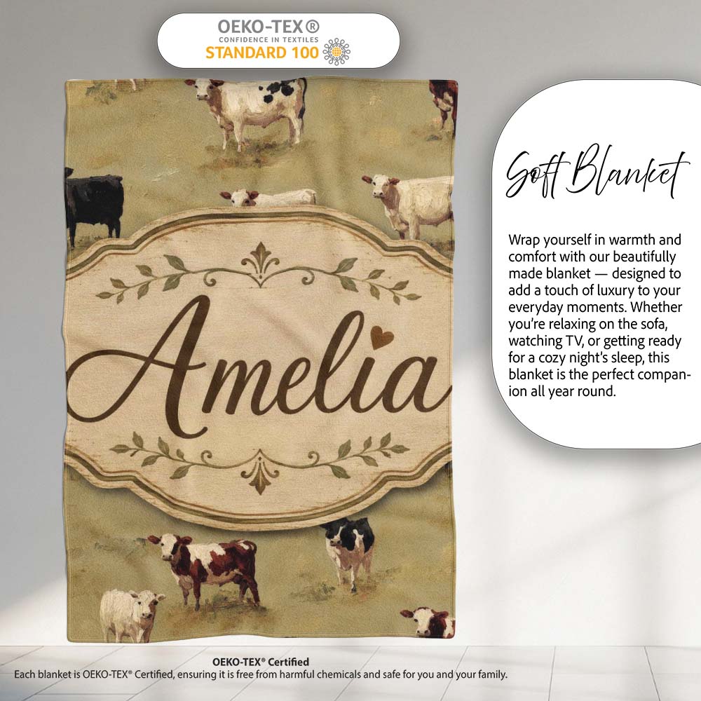 Farm Cow Cattle Pasture Illustration Seamless Pattern Lovely Personalised Custom Name Super Soft Fleece Blanket Bed Sofa Throw